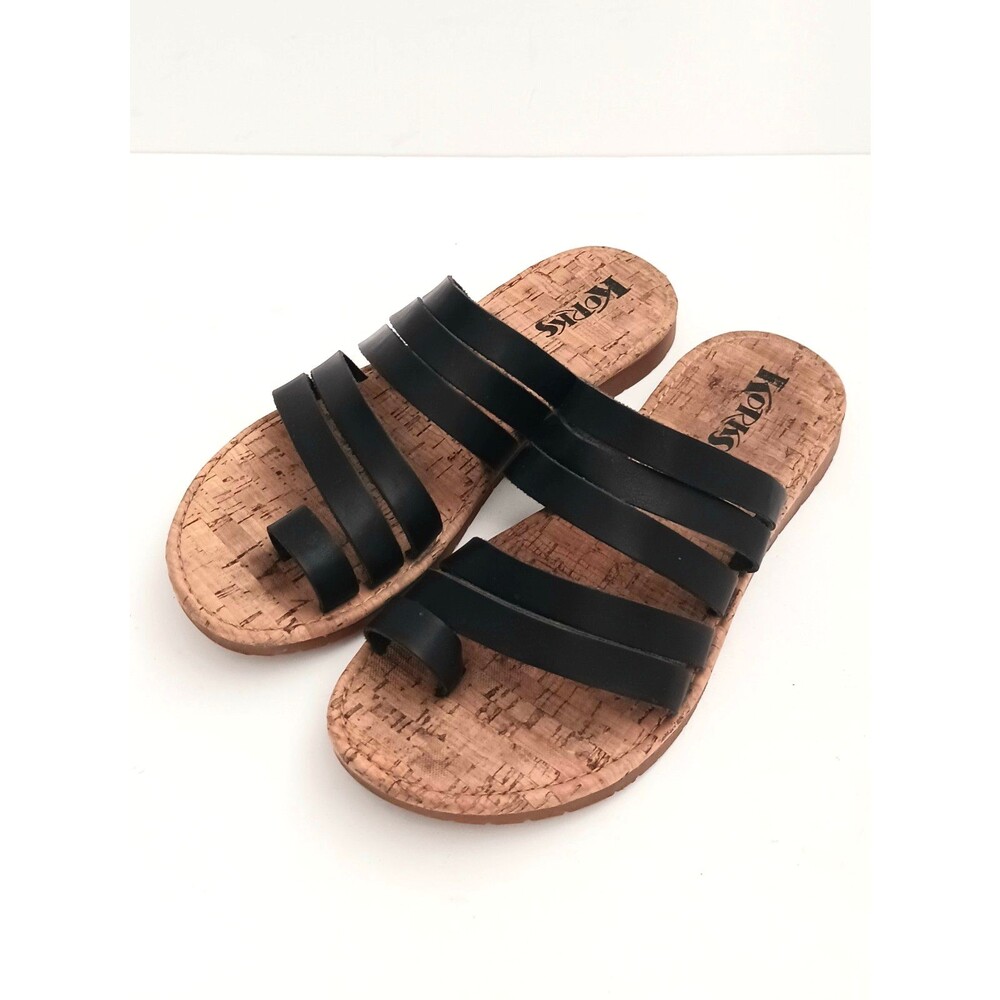 Korks by Kork Ease Scout Blk  Strappy Toe Loop Flat Sandal Cork Insole 9M